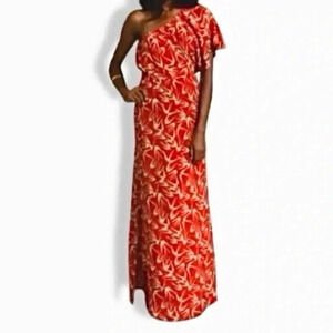 Blu Moon Red One Shoulder Flutter sleeve Bird Print Maxi Dress Elastic Waist S/M